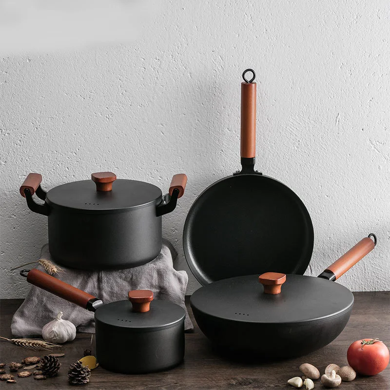 High-end gift pot set cast iron pot Pan Wok Pan set four-piece gas induction cooker universal  Gift pot set