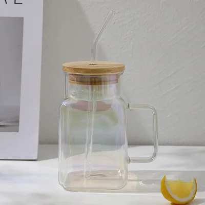 Outdoor Travel Milk Tea Coffee beer glass cup tumbler Heat resistant square glass Beverage soda milk cup with bamboo lid straw