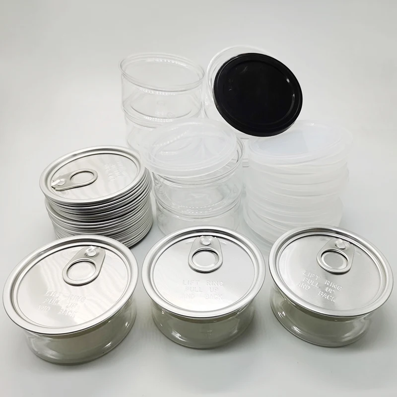 Black Lids Dry Food Packaging Press Can 3.5g Aluminum Lids Clear 100 ML Can Plastic Tin Cans