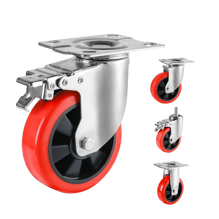 Industrial Double Ball Bearings Red Polyurethane Caster Wheel With Brake