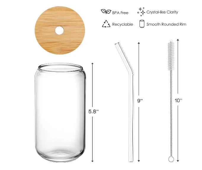 Online Hot 16oz Can Shaped Glass Cups Beer Iced Coffee Drinking Glasses with Bamboo Lids Straw