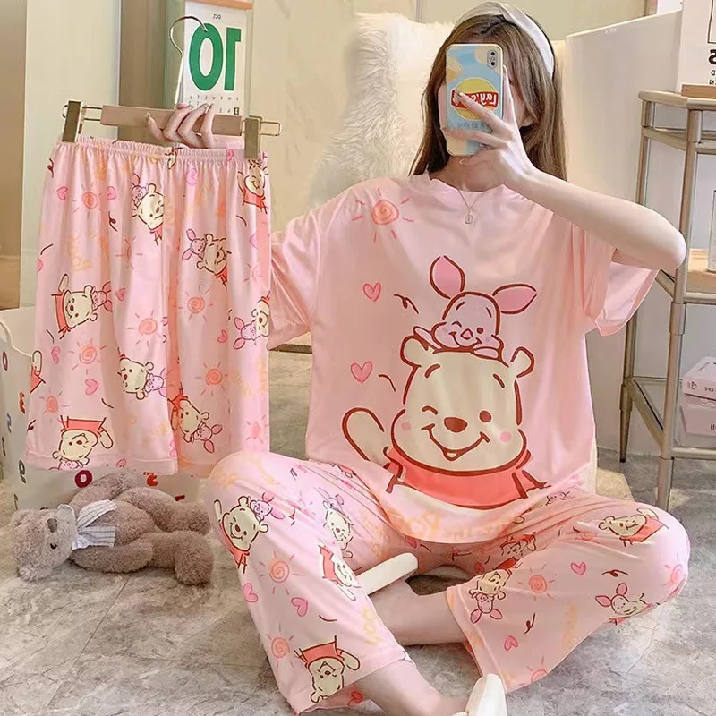 Tik Tok live spring/summer milk silk short-sleeved pajamas cartoon thin three-piece home wear pajamas casual Korean version set