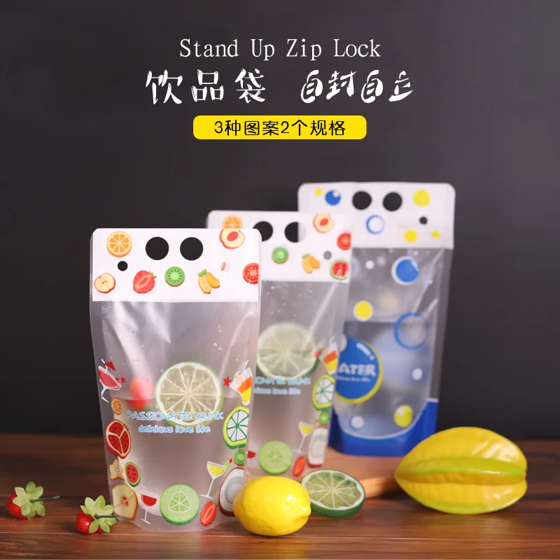 Biodegradable transparent hand-held ziplock plastic juice drink bag with straw