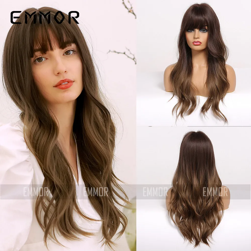 Popular Artificial Wigs In Europe And America Black Brown Straight Bangs With Long Curly Hair For Women Synthetic Wig