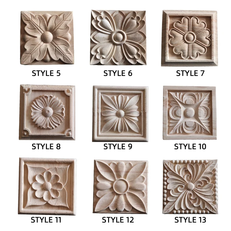 TaiLai Art Wall Decor Solid Wood Carved Applique Square Door Medallion Rubberwood Square Floral Panel Furniture Decorative