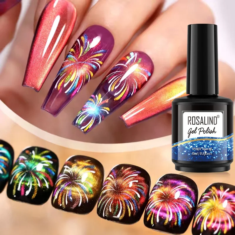 ROSALIND Gel Nail Polish Brand Manufacturer Custom Best Seller 15m Long Lasting UV Led Firework Cat eye Gel Polish Magnetic 9D