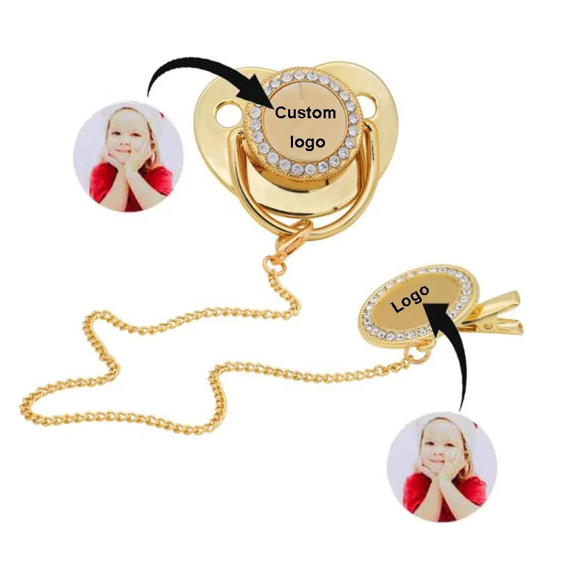 2022 Personalized name photo gold bling pacifer rhinestone dummy sublimation pacifier holder with pacifier chain clip