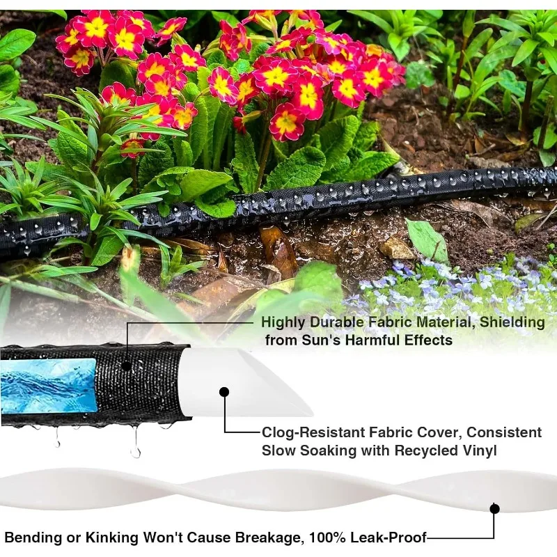 Soaker Hose Garden Beds, Flat Soaker Hose Save 80% Water, Lightweight Tough Drip Hose for Lawn, Plants