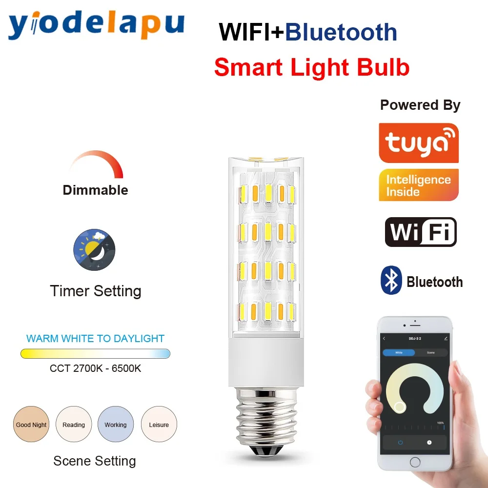 110V 220VAC Tuya Wi-Fi 2700-6500K dimmable Smart E11 E12 E14 E17 Led bulb work for alexa google control By APP or voice
