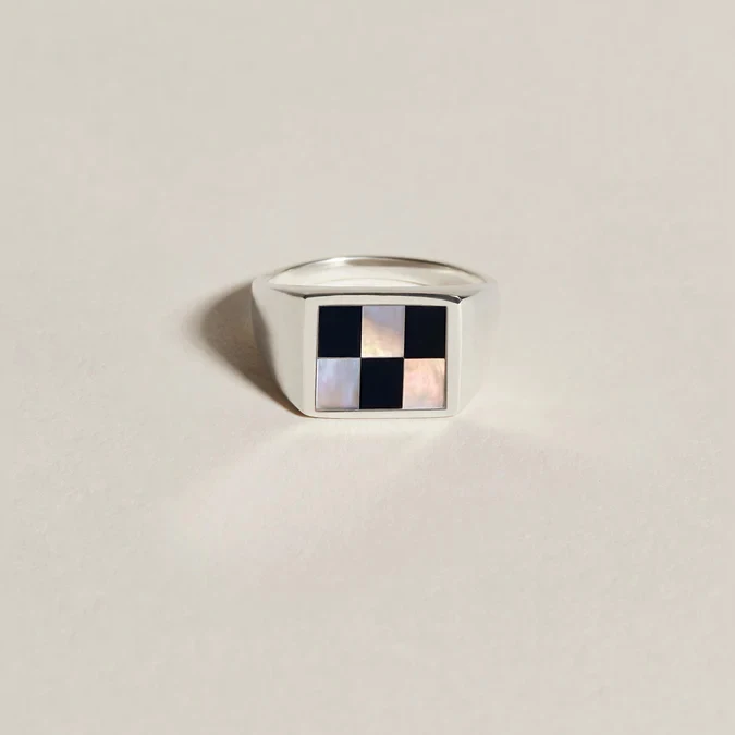 Custom 925 Sterling Silver Onyx Mother of Pearl Chess Inlay Signet Ring for Men