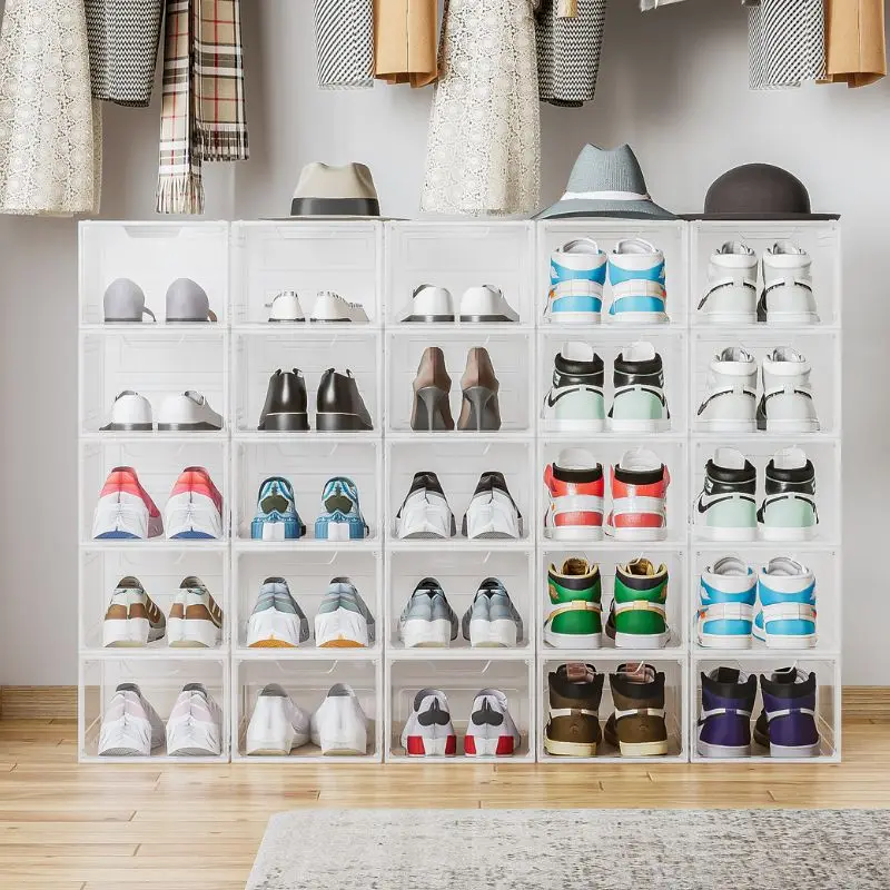 Plastic Transparent Stackable organizer Custom Sneakers display Box Foldable Clear Shoe Storage With Magnetic Door