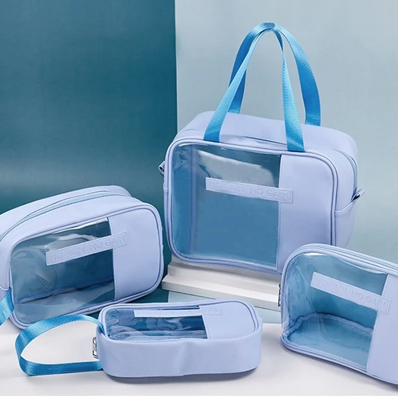 Korea Style stock customized 3pcs one set transparent PVC PET travel organizer cosmetic makeup bag pvc pouch set