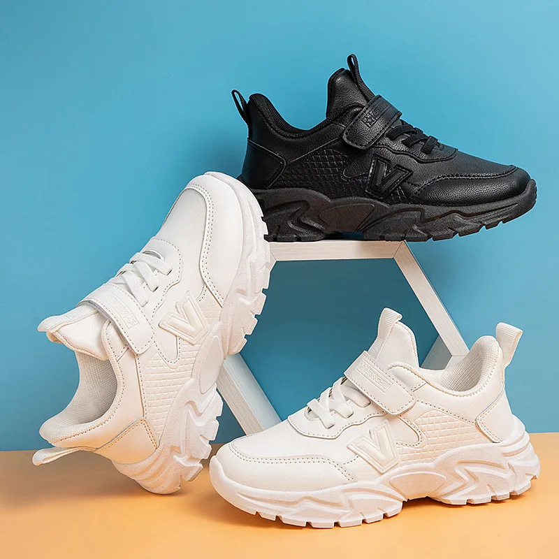High Quality Unisex White Black Sneakers for Baby & Children Breathable Leather Running Shoes for Spring Autumn Wholesale