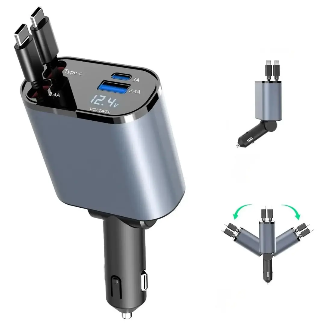 120W 4 in 1 Pd Iphone Auto Display Mobile Cable Android Port Universal Adapter Type C Charging Car Charger Usb Retractable Fast