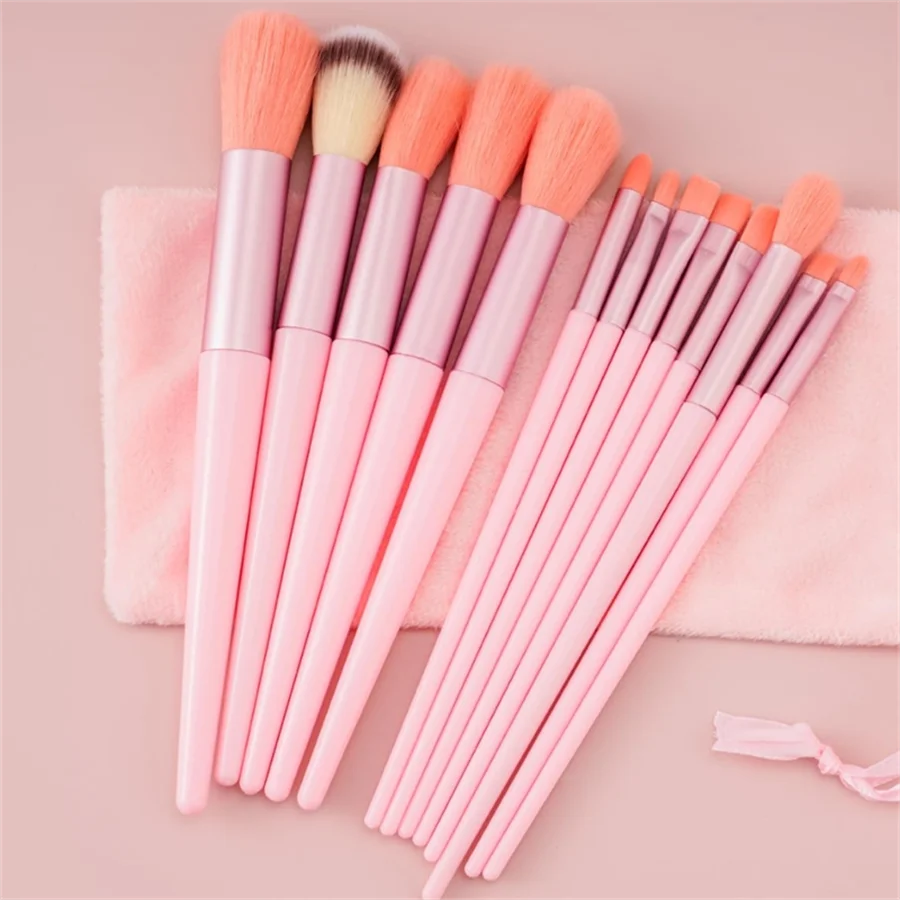 13pcs High Quality Pink Synthetic Hair Makeup Brushes Set Foundation Concealer Blush Used Eyebrow Pencil Blusher Custom Logo Bag