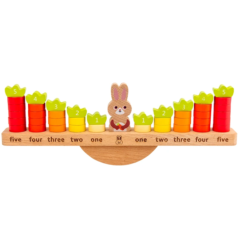 Factory direct wooden rabbit balancing toys for toddlers Wooden education math toys with Flash card