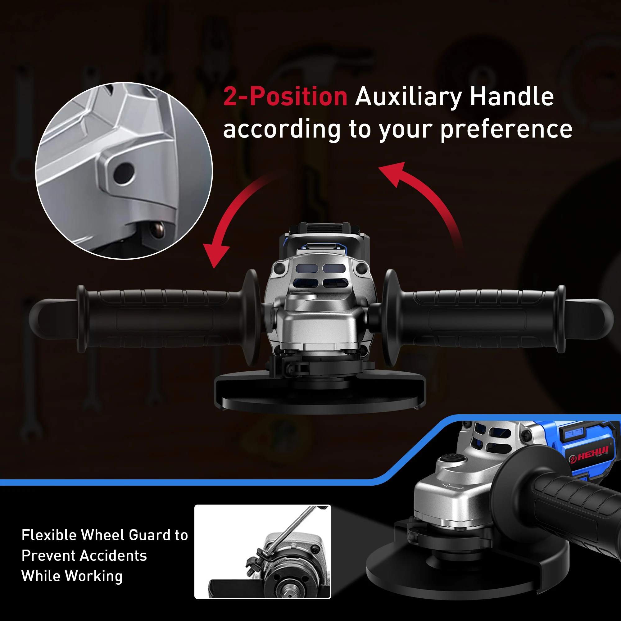 Hehui 20V Professional Industry 115Mm 3000~8500Rpm Angle Grinder Restart Protection Cordless Brushless Polishing Machine
