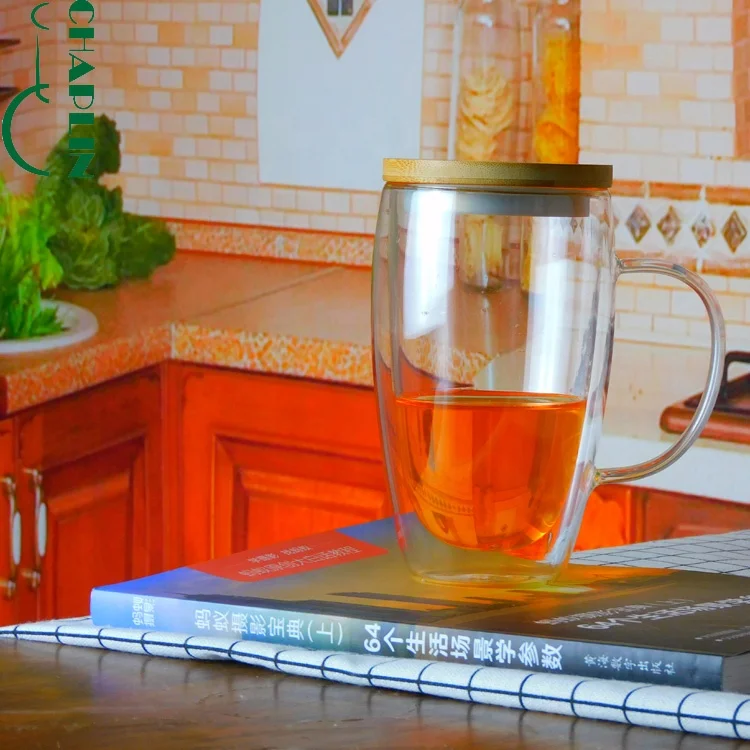 Handblown Elegant Reusable High Borosilicate Double Wall Glass Coffee Cup with Handle And Bamboo Wooden Lid For Drinking Mug