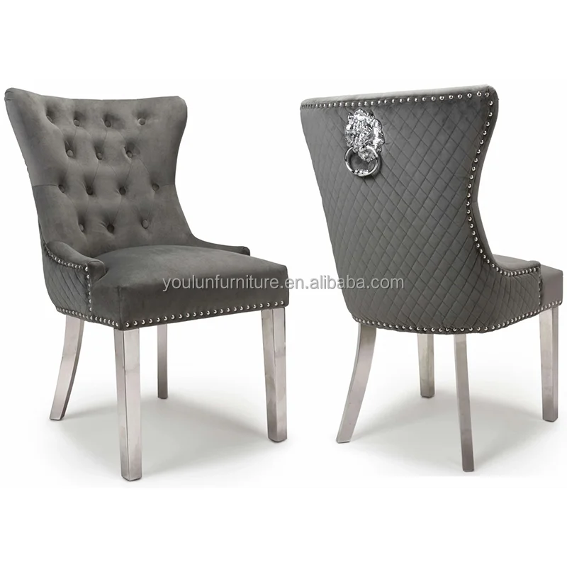silver stainless steel legs leather grey velvet tufted pattern back dining chairs with lion knocker back