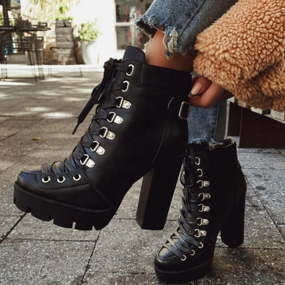 
Winter Boots Fashion Platform High Chunky Heel Lace Up Women Ankle Boots Big Size 43 Women Short Booties 