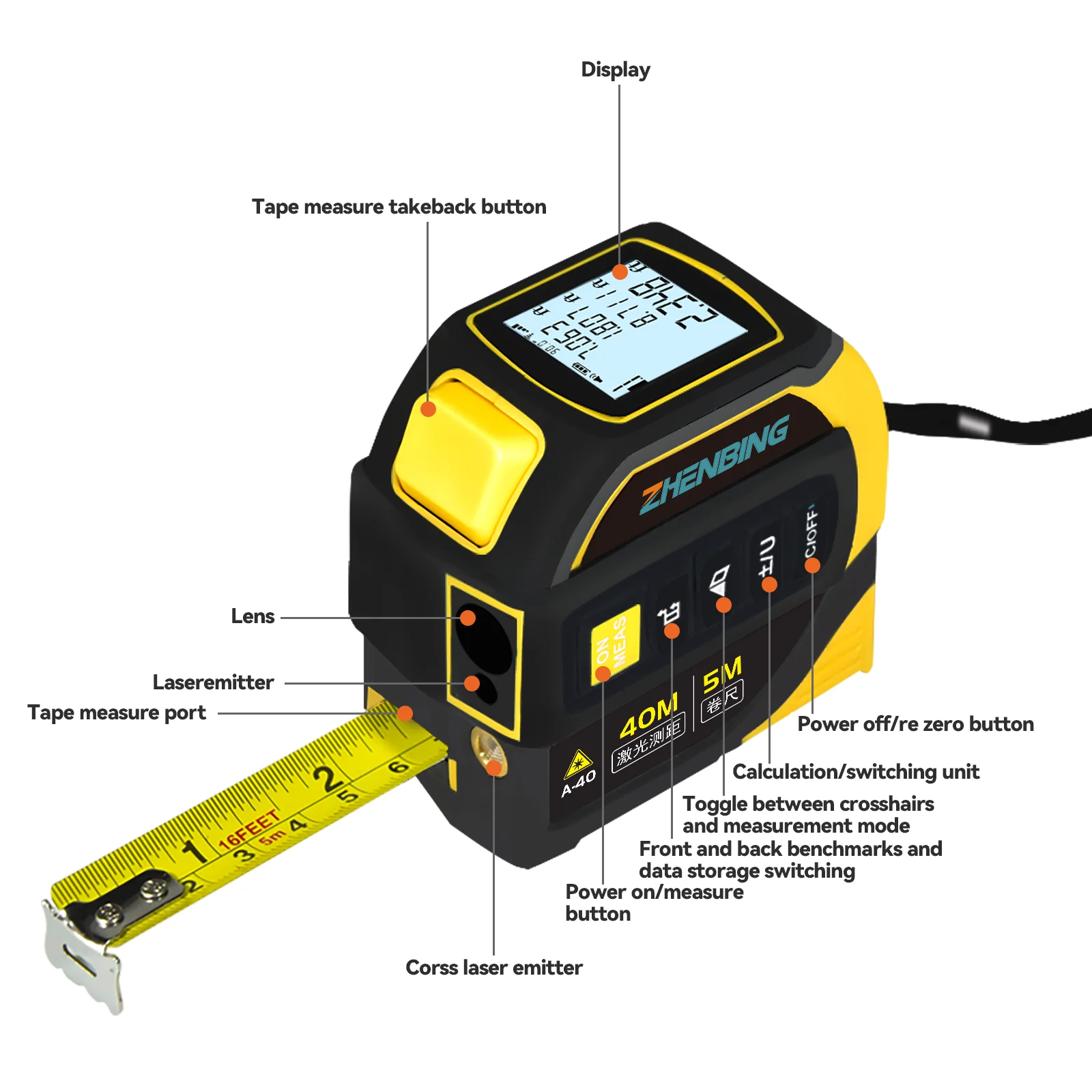 ZHENBING 4 In 1 5m Range Laser Measure Tape Oem Mini Handheld Digital Laser Distance Meter 40m With Cross Line Laser