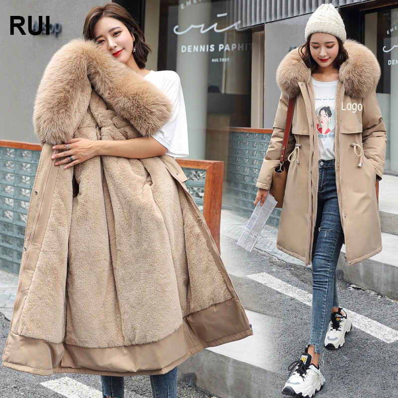 RUIQUWIN Winter Women Long Style Warm Coats Ladies Faux Fur Hooded Cotton Jackets Parka Clothes Long Coat