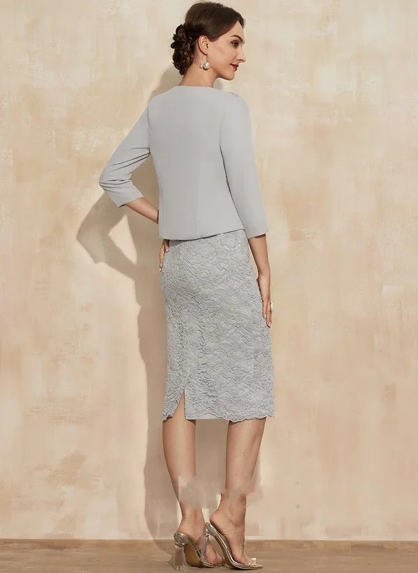 Ingots 2022 Elegant Silver Scoop Neck Knee-Length Mother Suits Chiffon Lace of Bride Dress With Beading Short PromOther Ingots