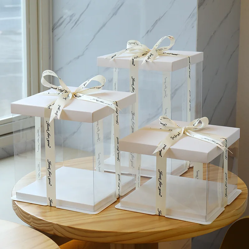 High quality customized recyclable plastic transparent clear cake box with ribbon