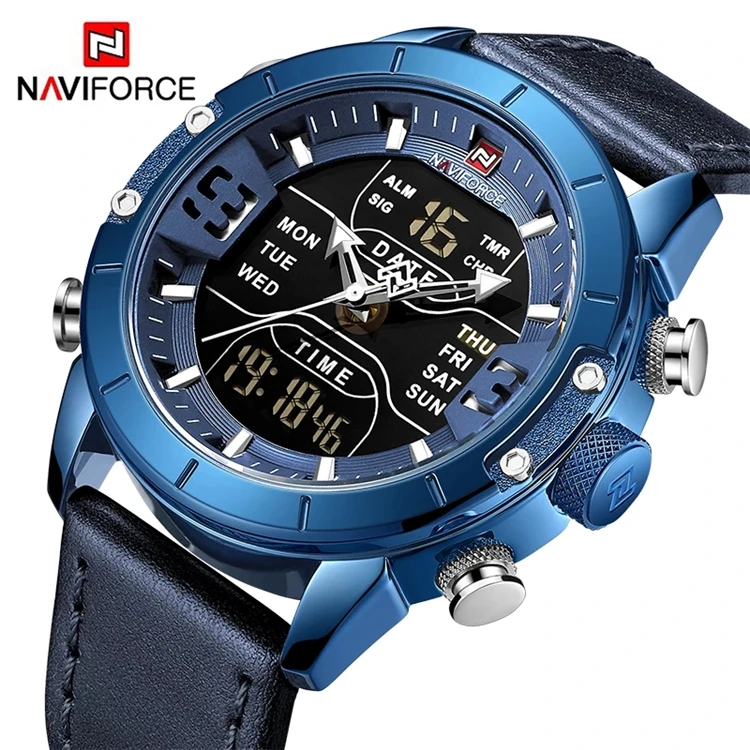 NAVIFORCE 9153 Men Watches Top Brand fashion fashion Quartz Digital Led Clock Genuine Leather Strap Watch Relogio Masculino