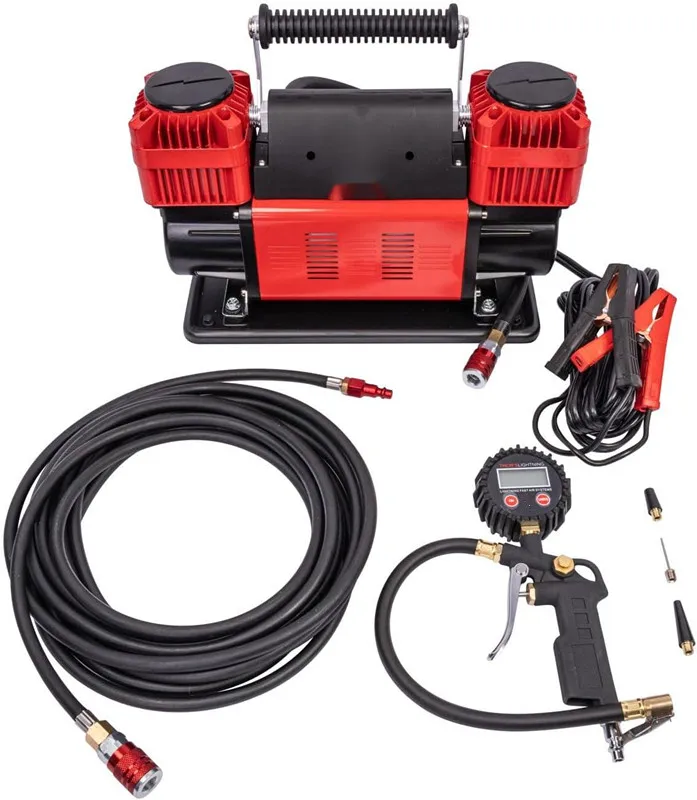 300LSH/MIN Heavy-Duty 12V/24V Cabled Tire Compressor with Double Cylinders Fast 150PSI Inflation Point