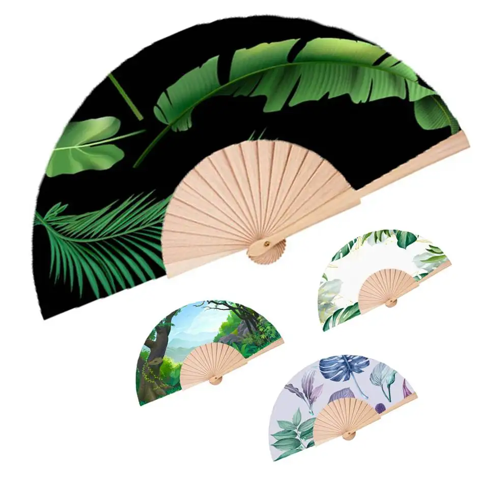 Best Sell Customized Personalized Wooden Fan Green Leaf Printing Promotional Hand Fan Home Decoration Hand Fan Custom Logo