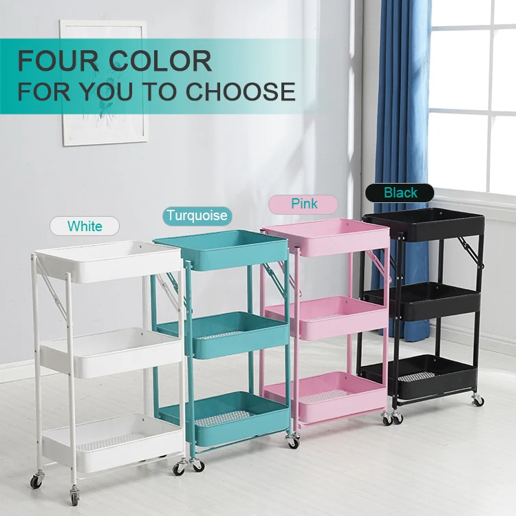 
Folding utility rolling cart storage organizer 3 tiers multifunction trolley cart 
