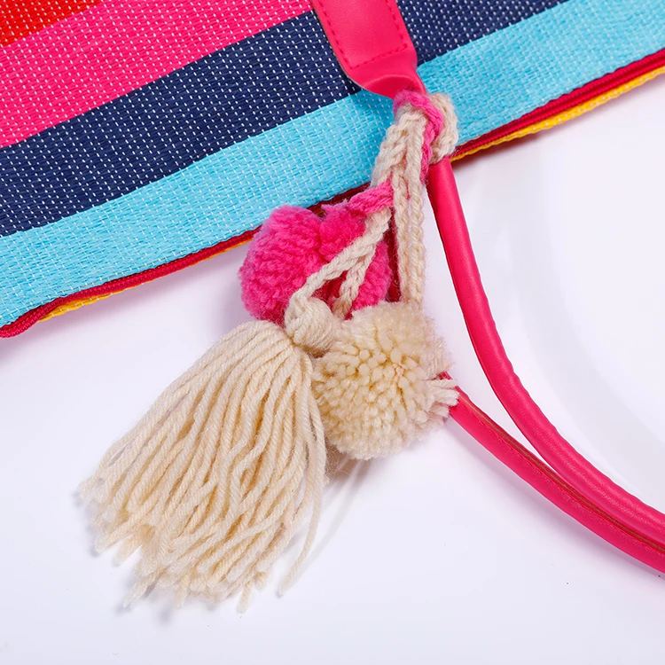 Handmade Lovely Travel Paper Fabric Tote Bag Rainbow Color Striped Pattern Beach Bags With Fluffy Tassels