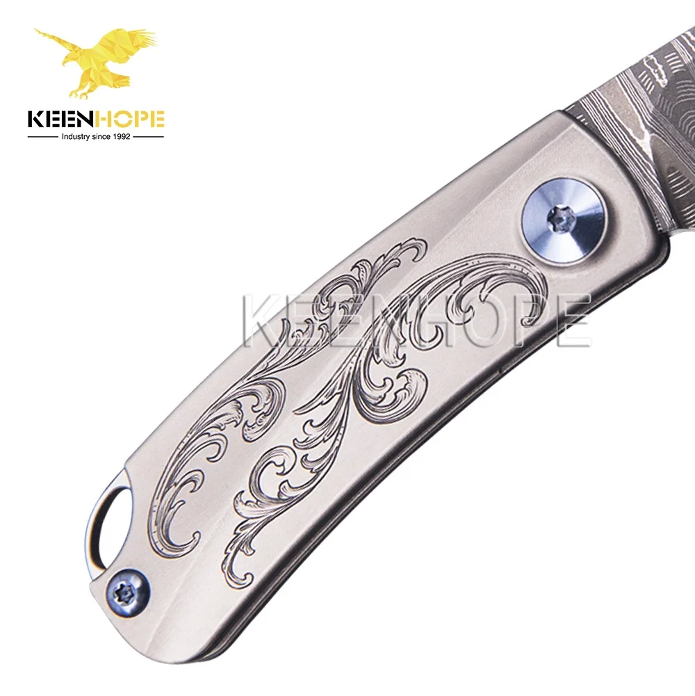 Damascus Folding Pocket Knife USA Mike Norris Composite Ladder Pattern Titanium TC4 Hand Engraving Scroll Flower pattern Handle