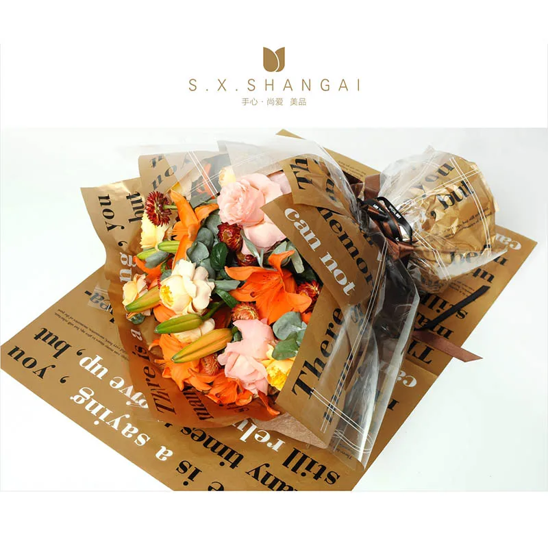 
Flowers Wrapping Paper English Letters Style Handmade Waterproof Fashionable Golden Color Wood Pulp Glassine Paper Tissue Paper 