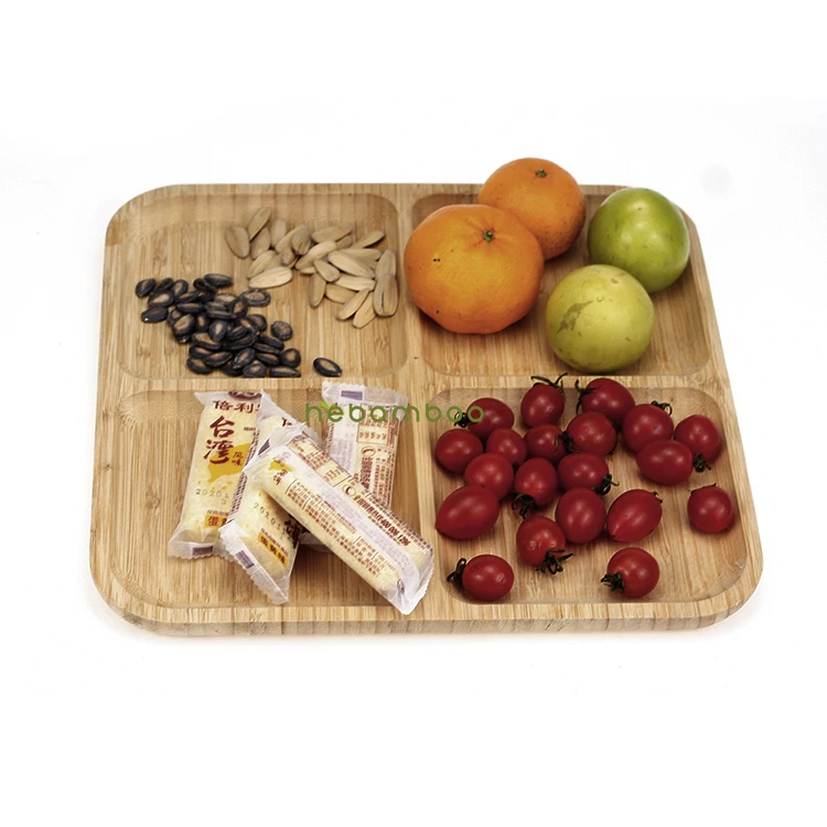 Natural Bamboo Snacks Tray 4 Divided Solid Wood Plate for Food