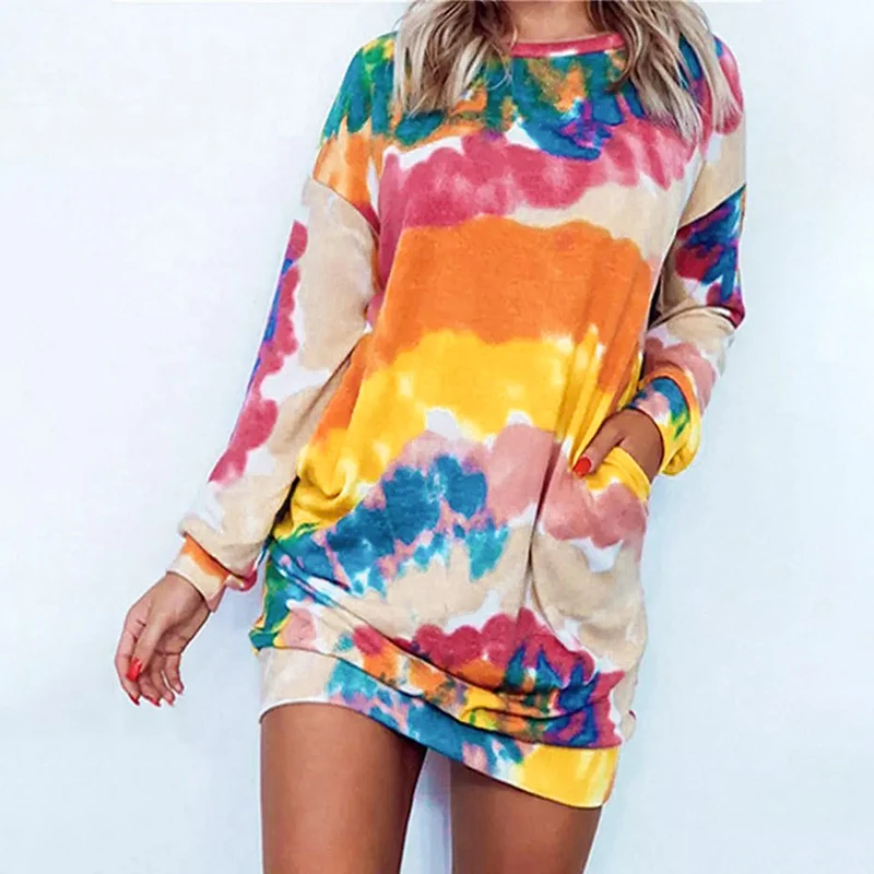 New Arrivals Fall 2022 Women Clothes Long Sleeve Tie Dye With Pocket Fall Dresses For Women