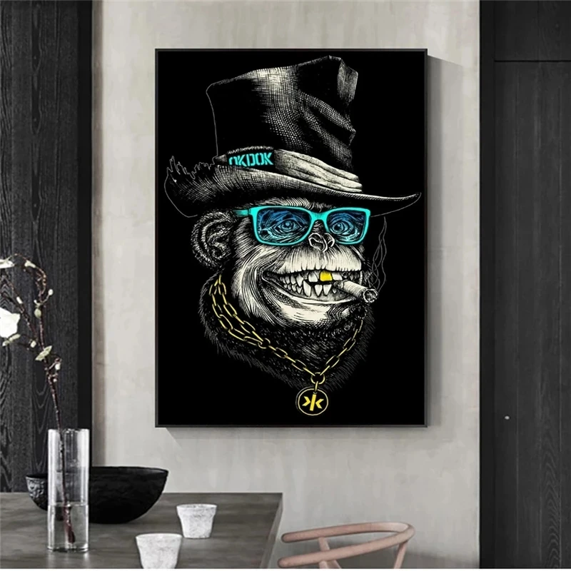 Black Hat And Golden Necklace Funny Smoking Monkey Poster And Print Canvas Painting On Wall Art Animal Picture Modern Home Decor