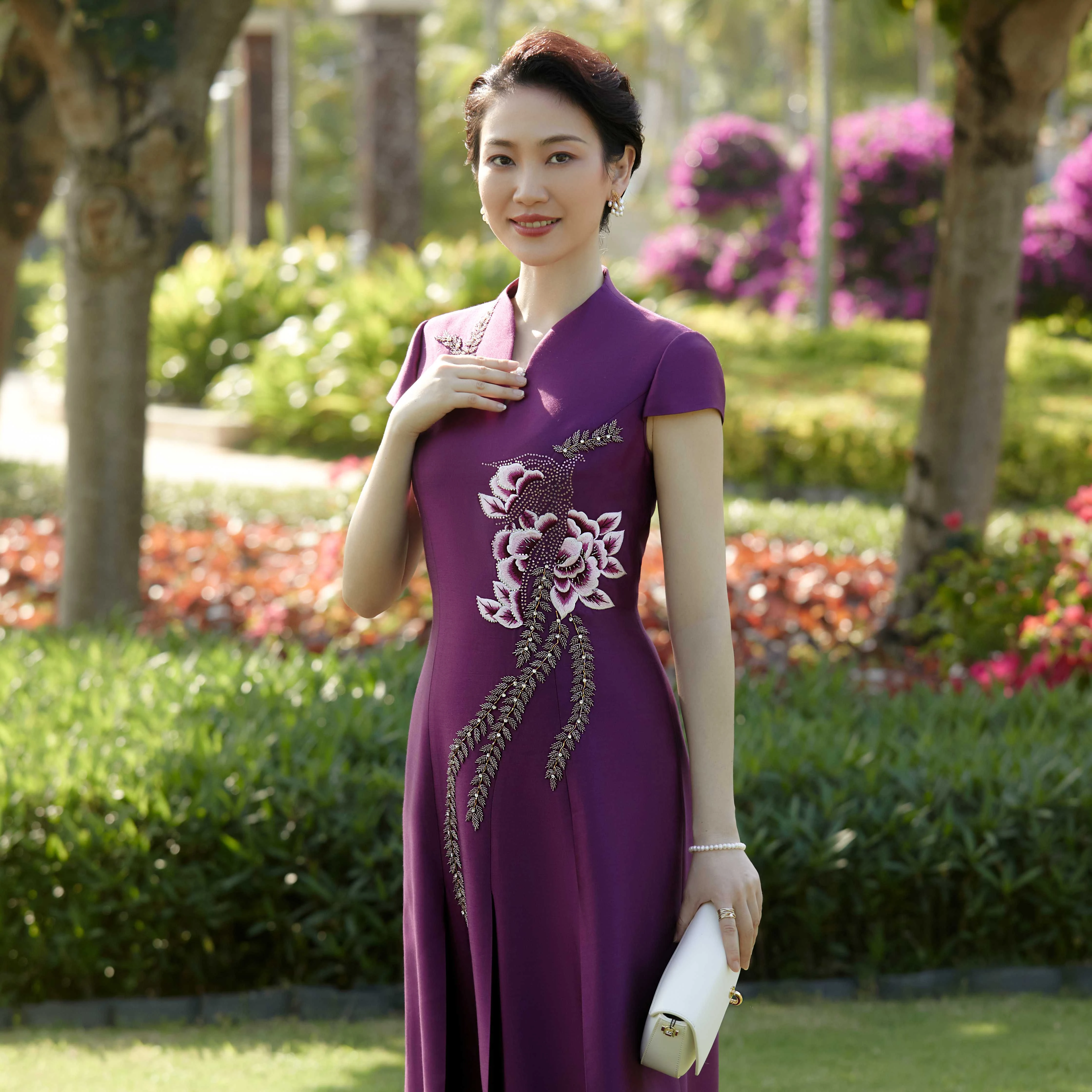 Cheongsam Good Quality New Chinese Year Print Toast Dress Evening Engagement Wear Dress V-Neck Qipao
