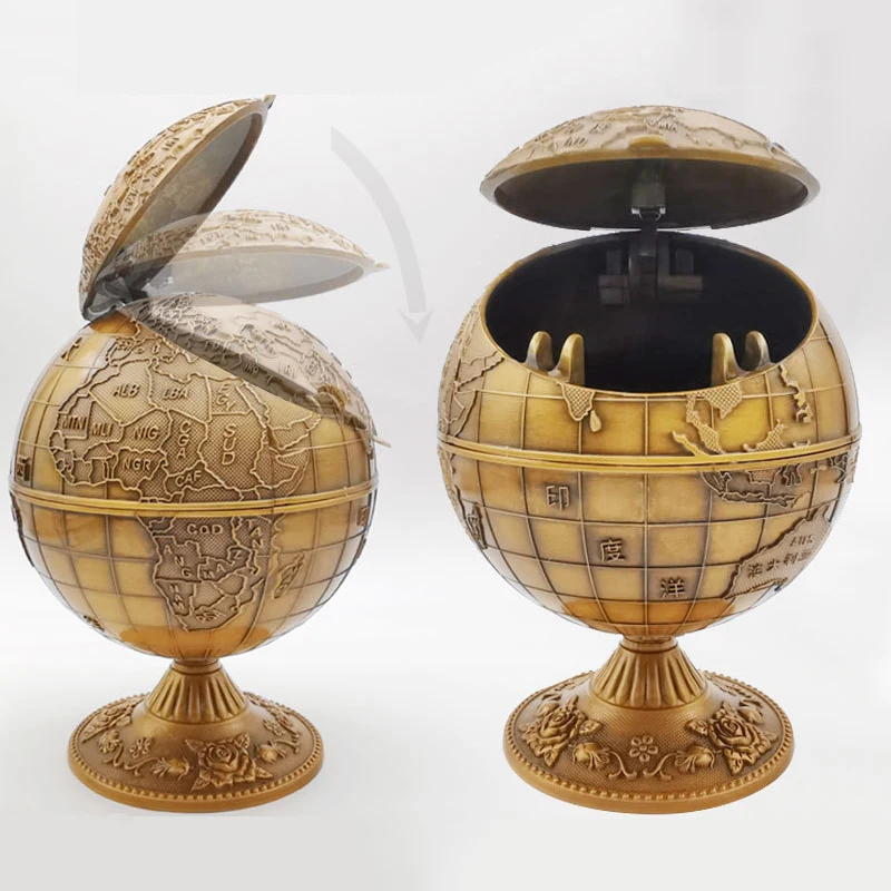 Vintage Terrestrial Globe Windproof Ashtray with Lid Cigarette Metal Portable Push Down Ashtray Bronze Men Gift Ashtray