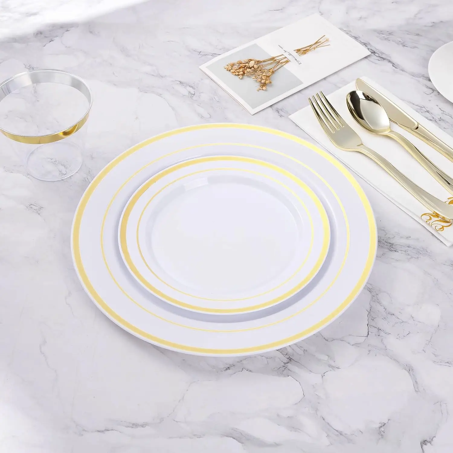 Luxury Gold silver rim white dessert plate dinnerware reusable melamine plates unbreakable serving dish golden plate