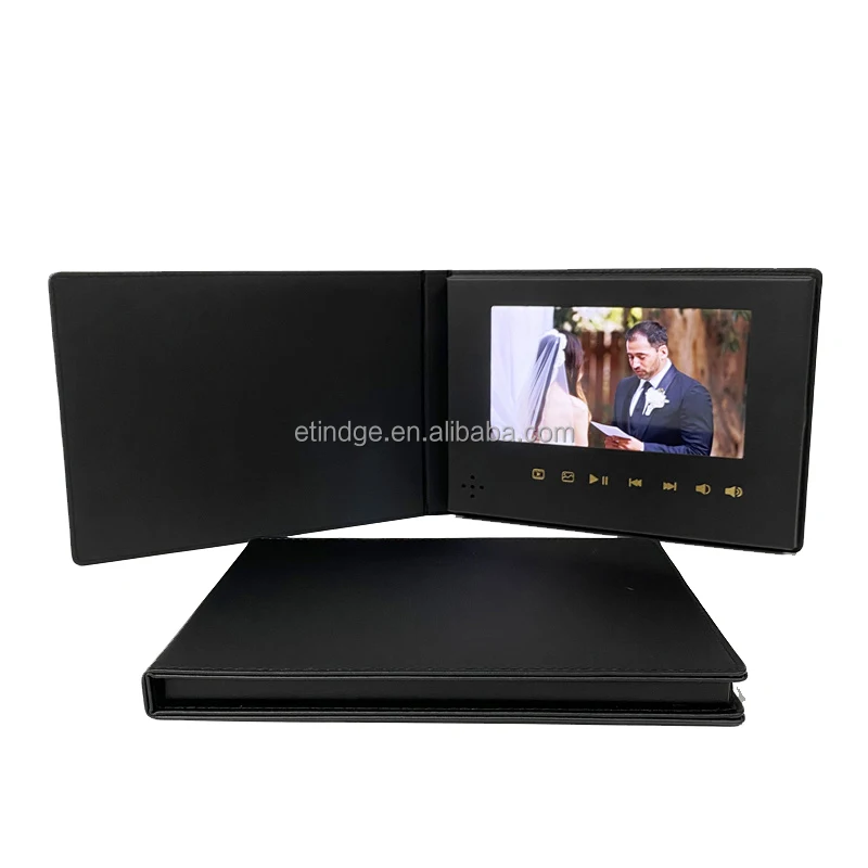 Full PU Leather Black Color High Quality Custom Video Brochure with 7 inch IPS Screen 8GB Memory