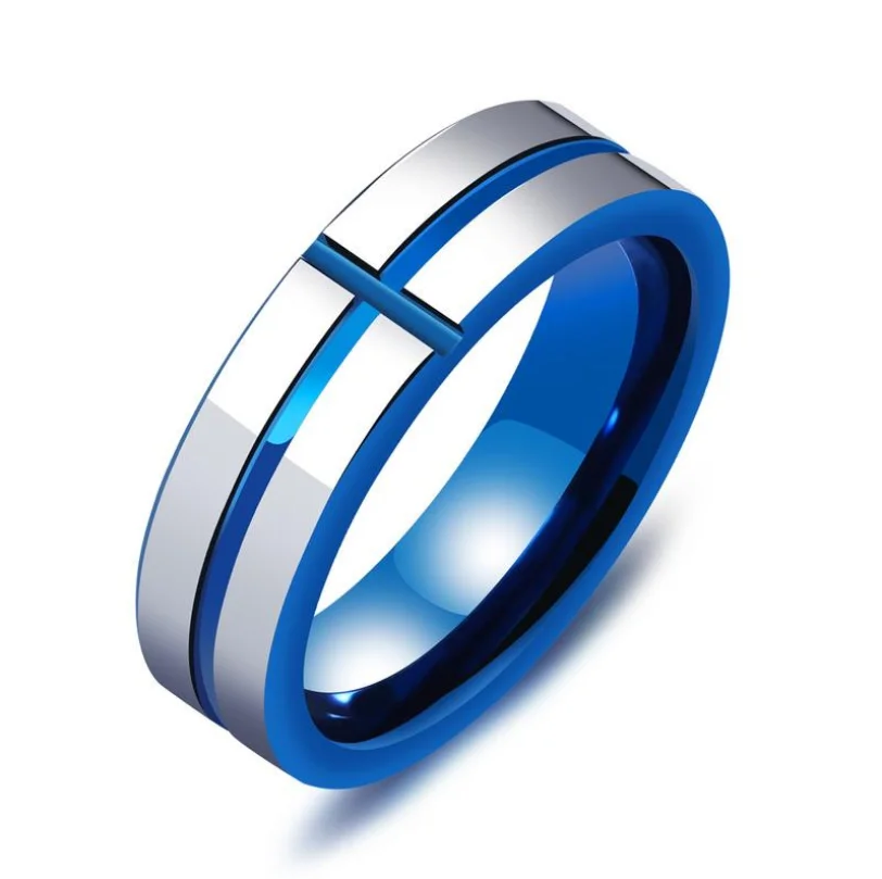 Wholesales casual fashion Wedding engagement jewelry tungsten carbide steel women men blue cross finger ring for wedding