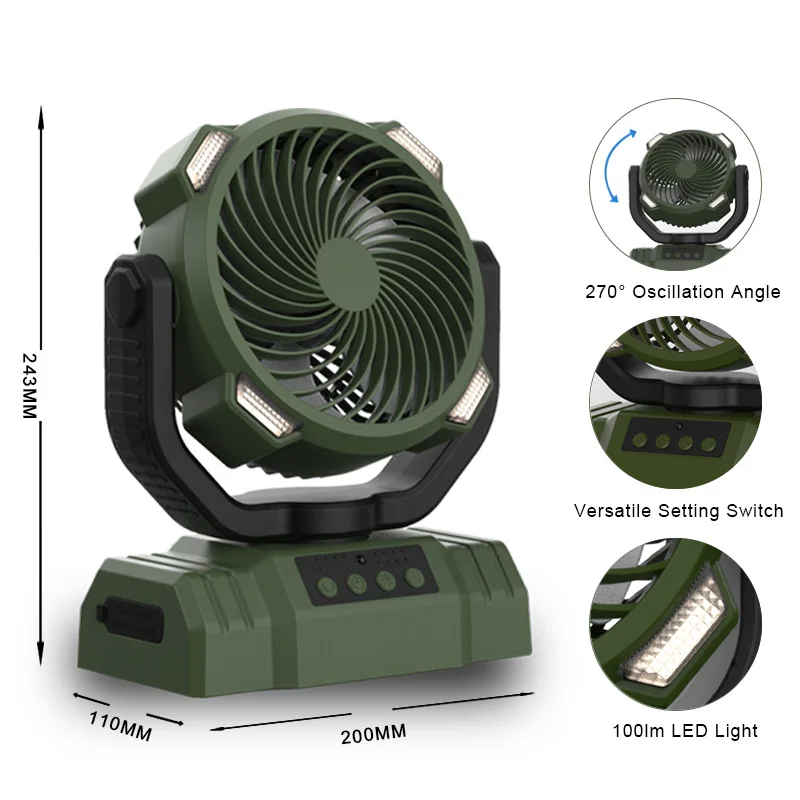 10000mAh Rechargeable Outdoor Camping Fan with LED Light Hook Remote Control Rotatable Portable Fan Table Fan for Office Car