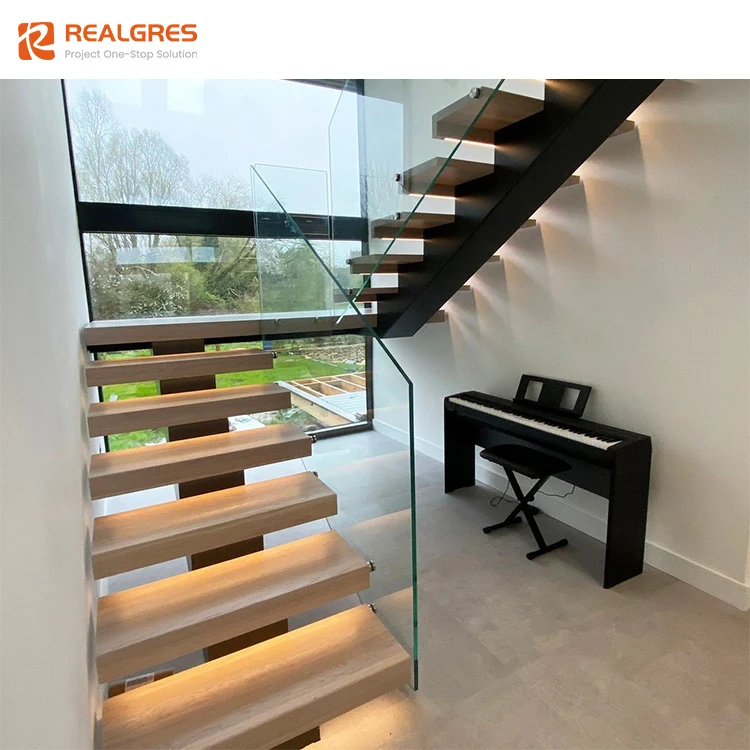 Modern Home Floating Stairs Decoration Staircase Design Wooden Treads Fixing with Glass Railing