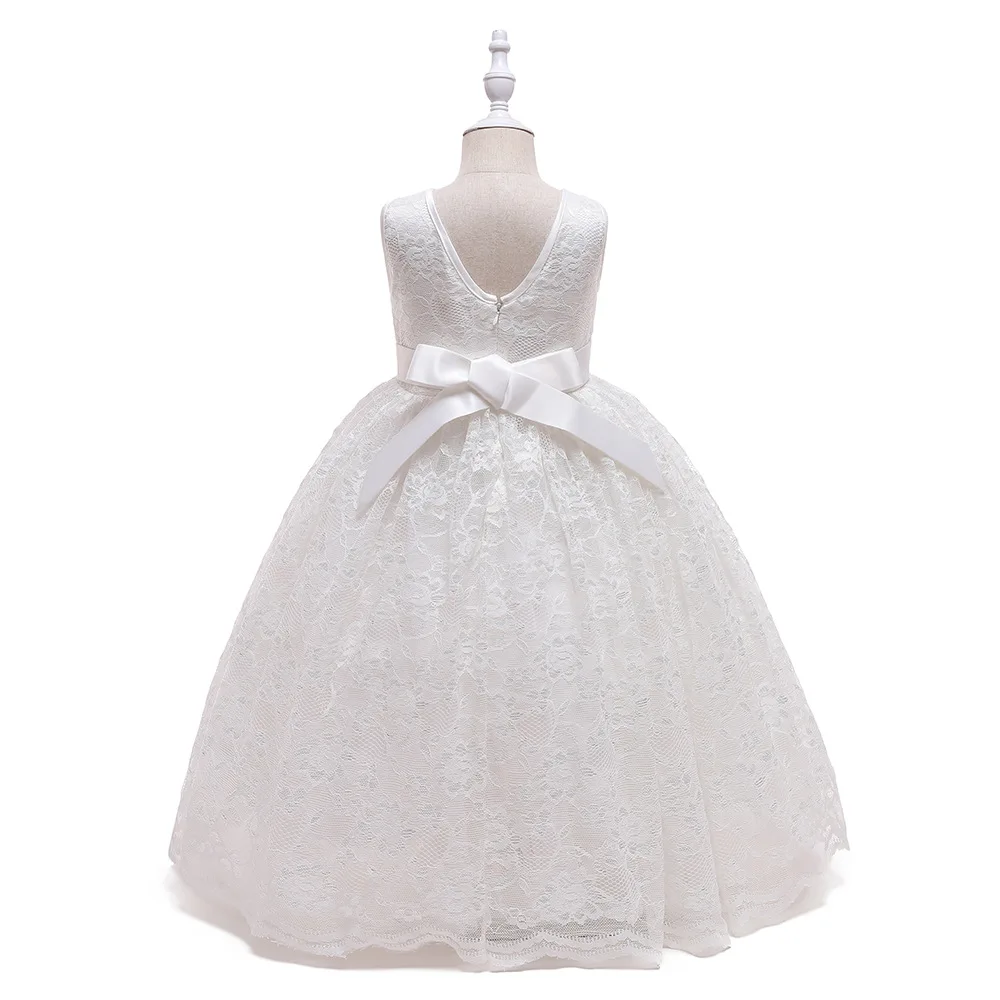 White Vintage Sleeveless Lace Children Girls Flower Party Princess Dresses