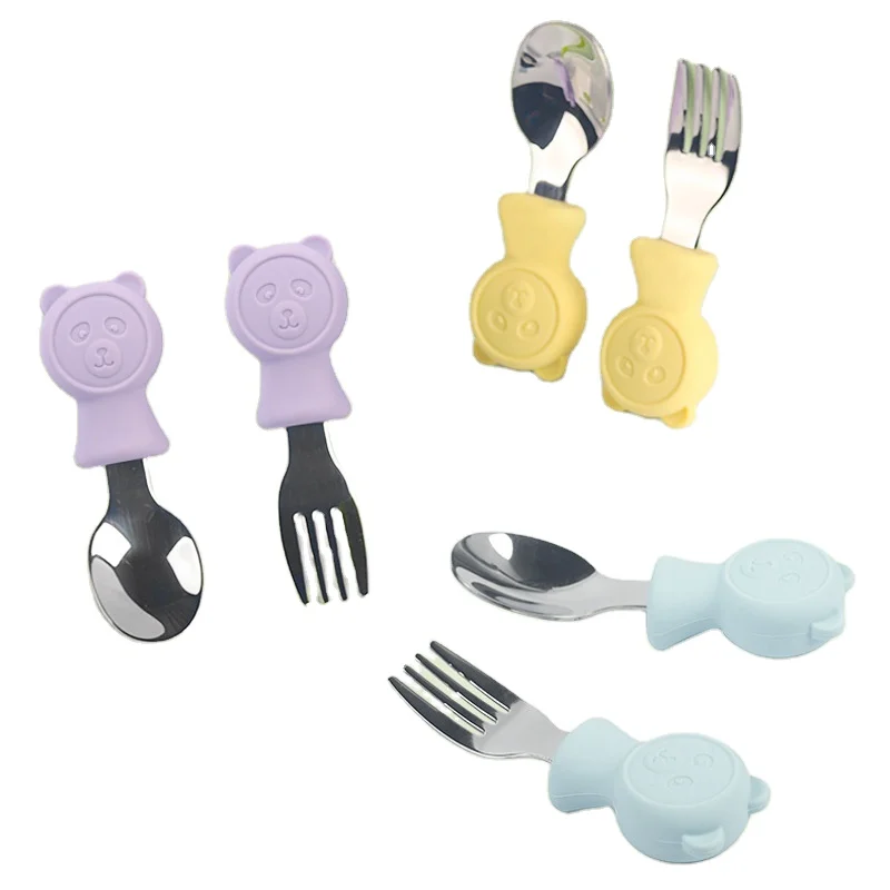 Baby Gadgets Tableware Set Steel Toddler Dinnerware Cutlery Cartoon Infant Silicone Food Feeding Utensil Stainless Spoon Fork