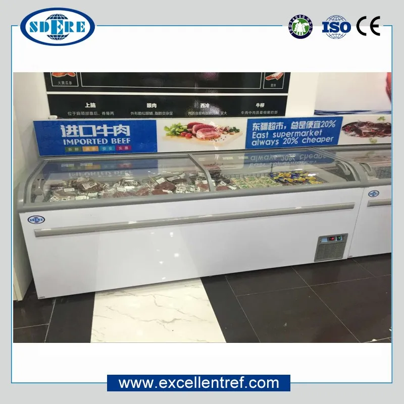 New Style Factory Directly Frozen Foods Fish Deep Chest Island Freezer Showcase Island Chiller with side glass window