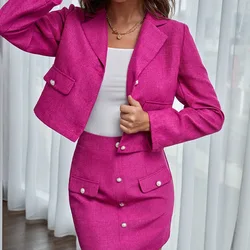 Wholesale elegant rose red women jacket suit women two piece blazer suit pink blazer and skirt