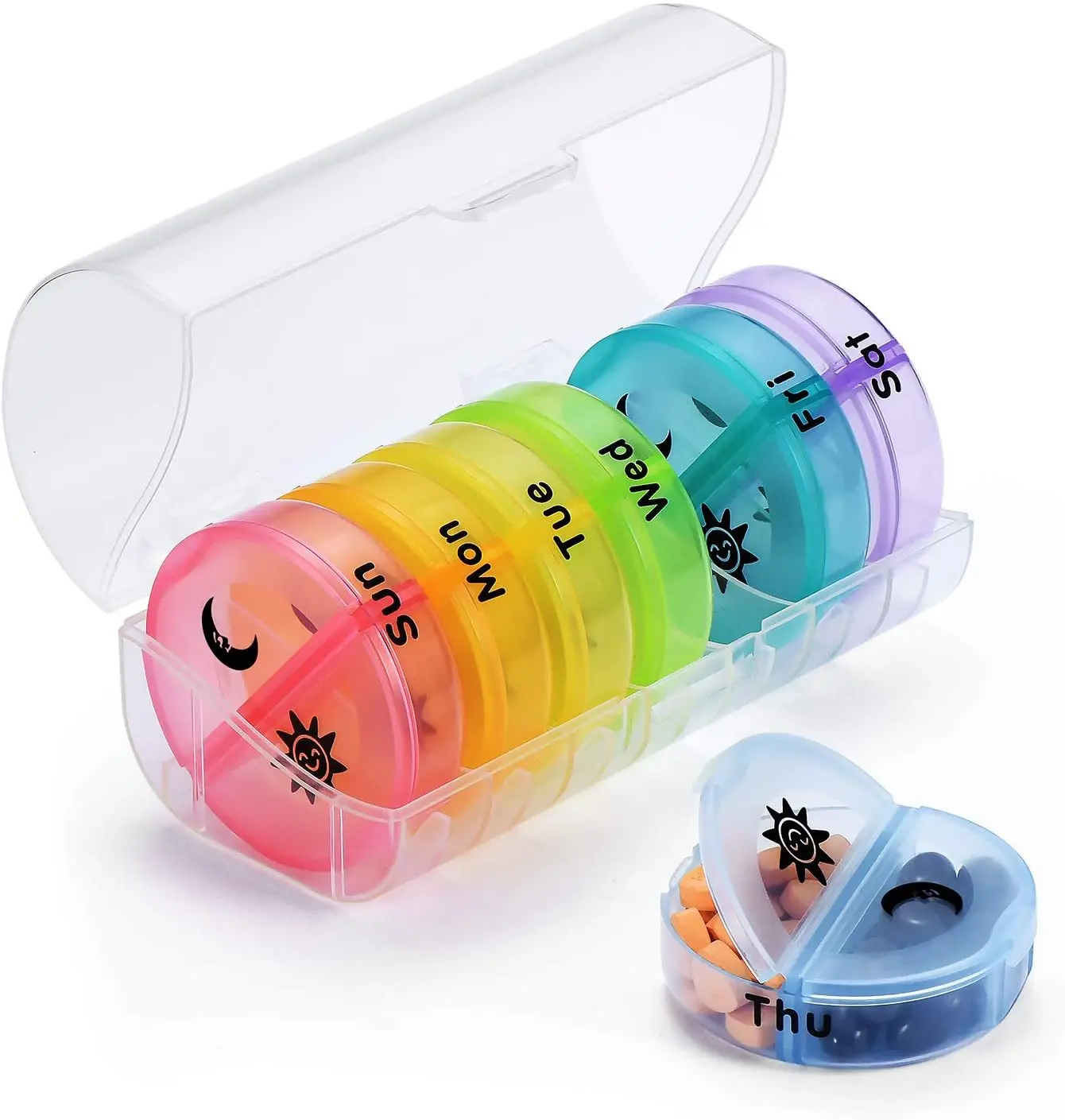 Round Shape Colorful 28 Compartments Pill Organizer 7 Day Tablet Sorter Box Stock Pill Box